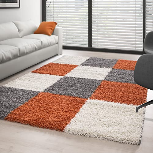 Carpettex Hochflor Teppich Wohnzimmer Shaggy Flokati Teppich Modern Kariert Design 200 x 290 cm Terrakotta - Teppich Schlafzimmer Weich Flauschig Waschbar Teppich Küche Esszimmer - Langflor Teppiche