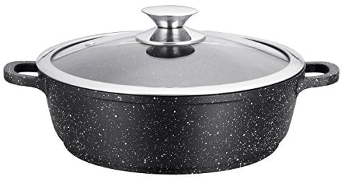 Kamberg Olla Baja 40 cm, aluminio fundido, revestimiento piedra, tapa de cristal, todo tipo de fuentes de calor, incluida la inducción, sin PFOA, negro