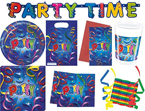 Streamers Luftschlangen 53-teiliges Geburtstag Party Deko Set Premium Motto Fete Feier 8 Teller 8 Becher 20 Servietten Tischdecke 6 Einladungskarten 6 Partytüten Partykette 3 Rollen Luftschlangen