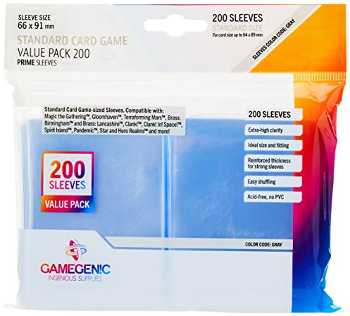 Gamegenic, Prime Standard Sleeve Value Pack 200, Sleeve Color Code: Gray