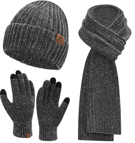 Damen Winter Warm Beanie Mütze Lang Schal und Touchscreen Handschuhe Set, Cord Mützen Strickmütze Schlauchschal Winterhandschuhe, Dunkelgrau