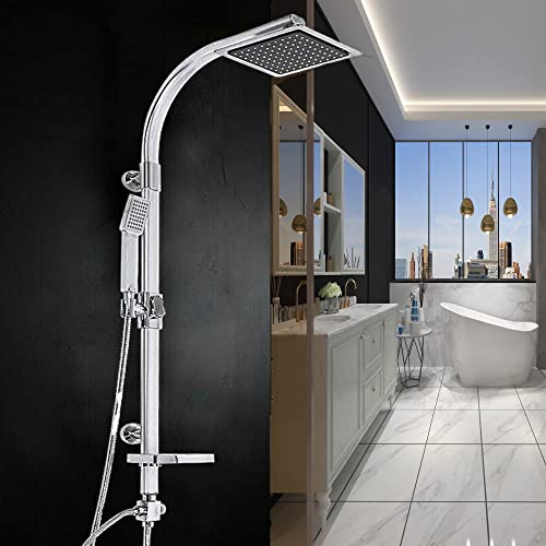 Regendusche Duschsystem, Edelstahl Duschset ohne Armatur, Regenduschset mit Kopfbrause Quadrat 20cm x cm, Höheverstellbare Duschstange, Chrom