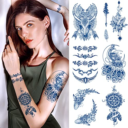 Aresvns Temporäre Tattoos 6 Blätter Wasserdicht Fake Tattoos Lang Anhaltende Semi-permanente Tattoo Aufkleber Pfau Kreuz für Frauen Männer Stick auf Hals Arm Gesicht
