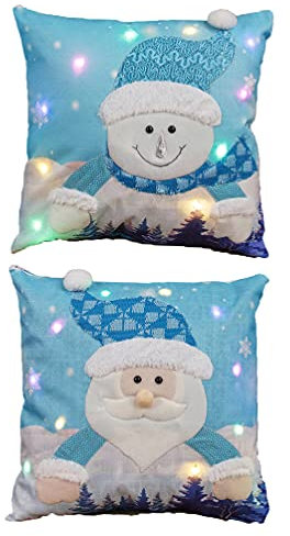 Amosfun 2Pcs Weihnachten Kissen mit LED Licht Weihnachten Santa Claus Kissenbezüge Urlaub Schneemann Werfen Decor für Sofa Couch Bett