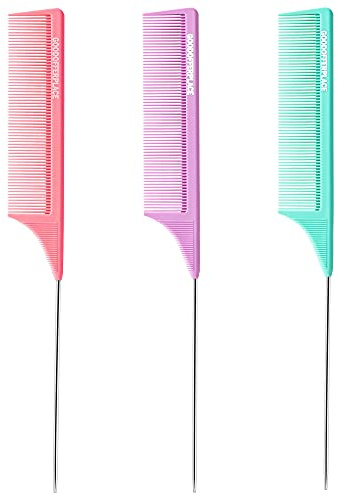 Goodofferplace 3 PCS Rat Tail Combs Parting Rattail Teasing Fine Tooth Comb with Metal Pick for Curly Hair,Detangling Parting Combs for Women,for Braiding,Styling Hair(Pink Purple Green)