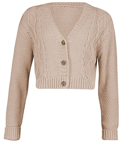 Fashion Knot Ladies Cable Button Crop Top 3 Button Cropped Chunky Aran Cable Knitted Grandad Cardigan Size 8-22