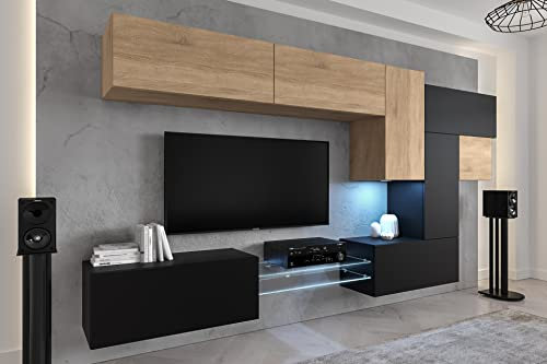 Furnitech Wohnwand Wohnzimmer | Wohnzimmer Möbel mit LED Weiß | Hängend Wohnwand Modern | Wohnzimmer Schrankwand mit Regale und TV Schrank (AN92NEW-21SB-M12)