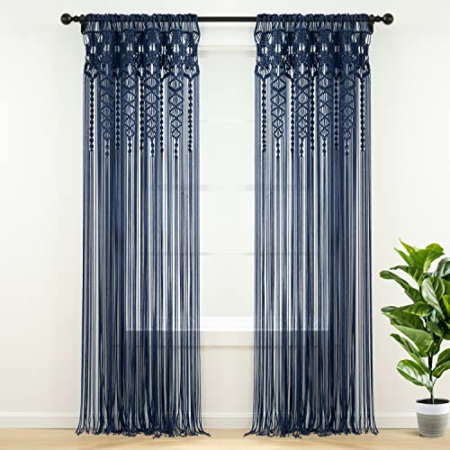Lush Decor Rideau de fenêtre/séparateur de pièce/Porte/décoration Murale en Coton texturé macramé bohème, 213,4 cm (L) x 101,6 cm (l), Bleu Marine
