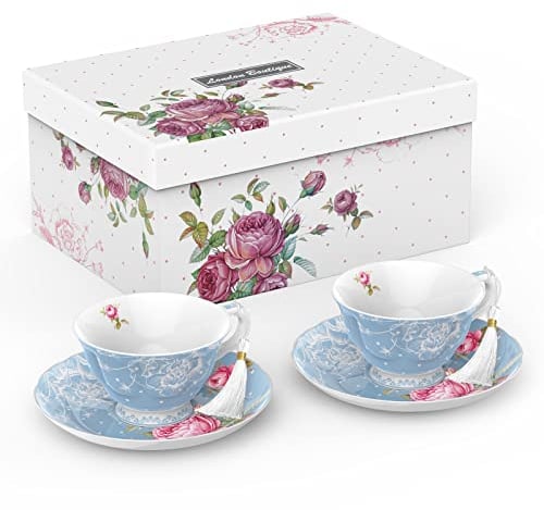 London Boutique Tea Cup and Saucer Set 2 Afternoon Tea Set New Bone China Vintage Flora Gift Box 200m (Blue)