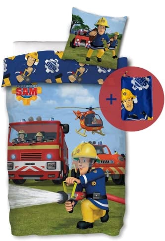 SkyBrands Feuerwehrmann Sam Bettwäsche 135x200 80x80 Kissen-Bezug [mit extra Beutel] Baumwolle Bettwäsche Feuerwehr Kinder Bettwäsche Sam Bettbezug + Kissenbezug
