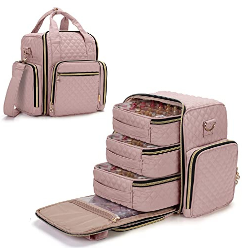 Luxja Sac pour Rangement Vernis à Ongle pour 72 Bouteilles | Étui pour Vernis à Ongles avec 3 Sacs Amovibles, Rangement Vernis a Ongle (Sac Seulement), Rose Pâle