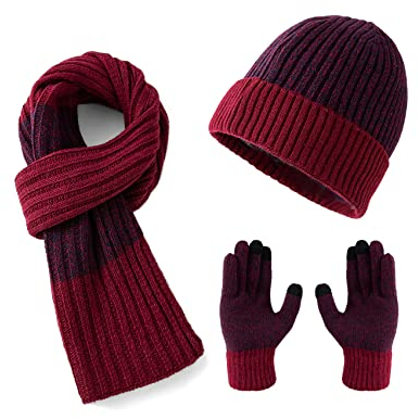 Lallier Winter 3-teiliges Herren Wolle Mütze Schal Handschuhe Set, Warmes Beanie Skull Cap Schal Thermohandschuh Set für Herren, Rot
