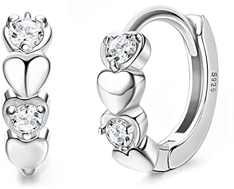 JeweBella 925 Sterling Silber Kleine Creolen Herz für Damen Mädchen Ohrringe Bunt Zirkonia Herz Ohrringe Hypoallergen Sleeper Knorpel Ohrringe Creolen Rosa Lila Blau Weiß für Kinder Frauen