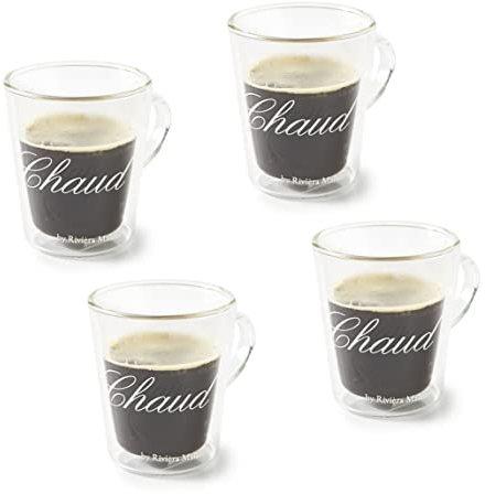 Riviera Maison Tasse, kaffeetasse, kaffeebecher, cappuccino becher, kaffeegläser, doppelwandige gläser - C'est Chaud M Tassen set 4er - Transparent - 220 ml
