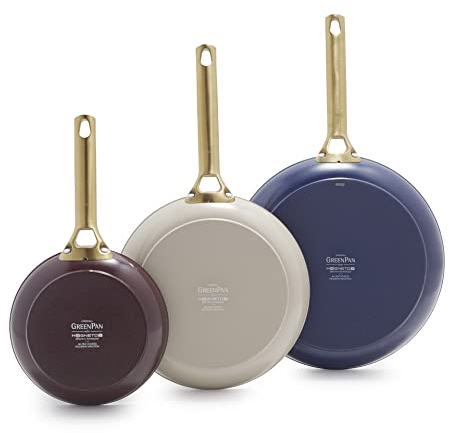 GreenPan Reserve Hard Anodized Healthy Ceramic Nonstick, 8 10 and 12 3 Piece Frying Pan Skillet Set, Gold Handle, PFAS-Free, Induction Suitable, Dishwasher Safe, Oven Safe, Multi Color Mix