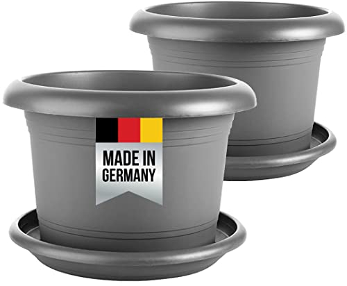 2friends Pflanzkübel groß außen, Gross Blumentopf 40 cm Durchmesser mit Untersetzer, 2er Set Blumentöpfe Pflanztöpfe, Blumenkübel Pflanztopf Rundtopf, Pflanzentopf, Anthrazit, Model: Lilo