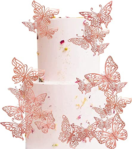 40 Stück Tortendeko, 3D Schmetterling Cupcake Topper mit Eisenstangen Schmetterling Tortendeko Geburtstag Butterfly Cake Toppers für Hochzeit Jahrestag Geburtstag Party Kuchen Dekoendeko Rosegold