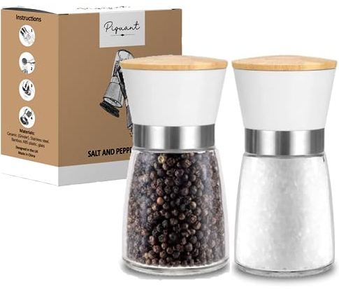 Salt and Pepper Mills Grinder Set of 2 Refillable Ceramic Grinder Adjustable Levels Kitchen Gifts (White)