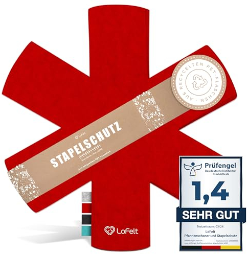 LoFelt® Pfannenschoner & Stapelschutz für Pfannen, Töpfe, Schüsseln und weitere Küchenutensilien / 5 Pfannenschoner Filz in XL Ø 38cm / Pfannenschutz aus Filz in Rot, Sternform