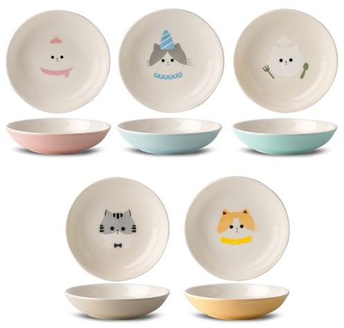 Ceramic Cat Bowls Set - 5.7 inch Wide Cat Food Bowls Whisker Fatigue Friendly, 5 Colorful Kitten Dish Plates with Cute Pattern for Wet and Dry Food Water