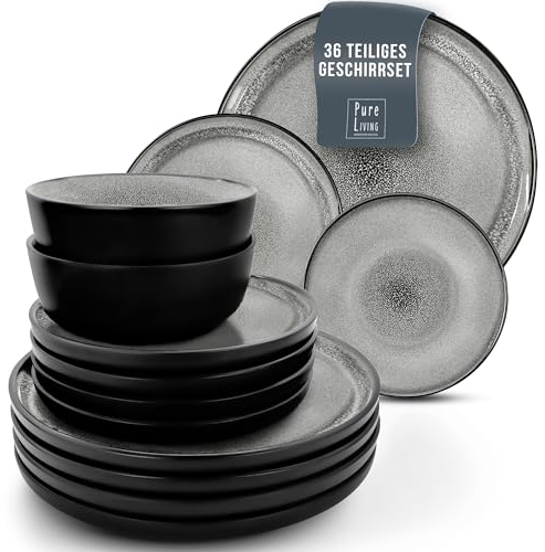 Steingut Geschirrset 12 Pers. Ibiza 36-tlg Hochwertiges Mediterranes TEST SEHR GUT Steingut Geschirr Set - Schüssel- und Teller Set - Tafelservice 12 Personen Geschirrsets Pure Living in Grau