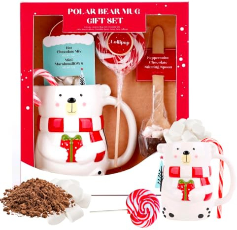Festive Christmas Mug Gift Set with Hot Chocolate, Mini Marshmallows, Candy Cane, Hot Chocolate Spoon, and Lollipop