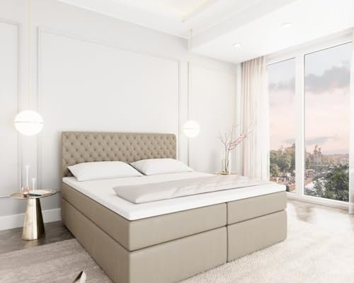 Sofa Dreams Leder Boxspringbett Lederbett Mejorada Komplettbett mit Matratze und Topper - Bett in Premium Kunstleder (Beige, 180x200 cm)
