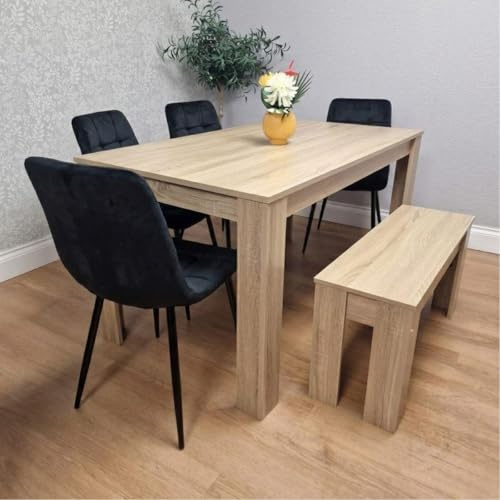 KOSY KOALA Dining Table Set with Bench and Chairs Oak Effect Wooden Kitchen Dining Table with 4 Black Velvet Dining Chairs and Bench Modern Dining Room Furniture 117 x 77 x 75 cm