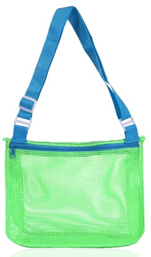 Tabanzhe Mesh Beach Bag,Adjustable Carrying Strap Shoulder Bag,Foldable Seashell Collecting Sand Bag,Swimming Pool Beach Accessories,for Seashell Toy Clothes Towels Collecting(Green Blue Band)