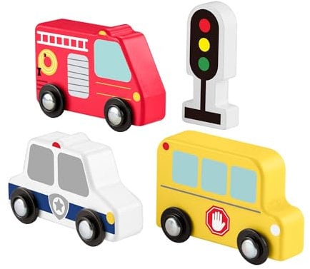 Fisher-Price Mein Holzauto-Set für Kleinkinder, 4-teiliges Holzset mit Feuerwehrauto, Schulbus und Polizeiauto für Kinder ab 2 Jahren, JCY32