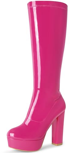 Allegra K Women's Patent Leather Platform Tall Gogo Boots Chunky Heel Knee High Boots Boot Fuchsia 7 UK/Label Size 9 US