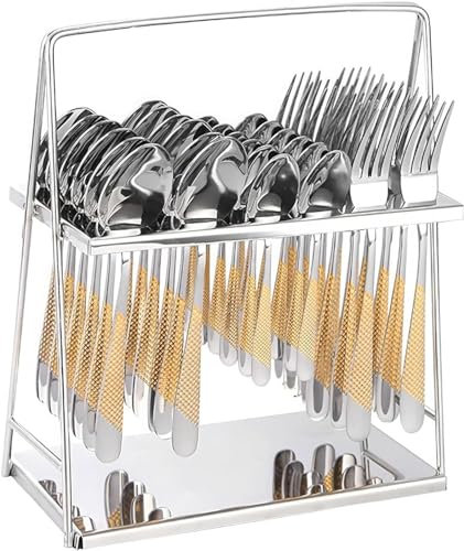 36 Pieces Cutlery Set, Stainless Steel Flatware Set with Silverware Holder, Spoons Forks Knives Set, Hanging Silverware Set Service for 12, Dishwasher Safe (Gold Silvery)
