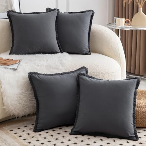 Mandioo 4er Set Neutralen Baumwolle Kissenbezug 65x65cm Herbst Quasten Dekorative Kissenbezüge Boho Sofakissen Dekokissen Kissenhülle für Couch Sofa Schlafzimmer Wohnzimmer Grau