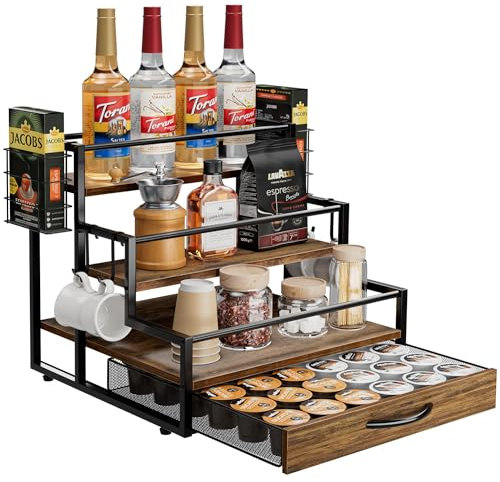 OCPO Kitchen Küche Sirup Organizer, 3-Tier-Flaschenhalter Stand Mit Schubladen für 36 K-CUP, Countertop Weinregal für Bis Zu 12 Flaschen, für Wein, Dressing