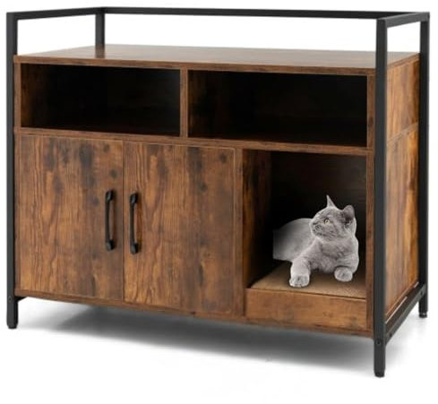 Sedol Cat Litter Box Enclosure - Wooden Hidden Litter Box with Scratching Board - Double-Door Indoor Cat Litter Box Furniture Cabinet - Living Room End Table Cat Litter Furniture (Brown)