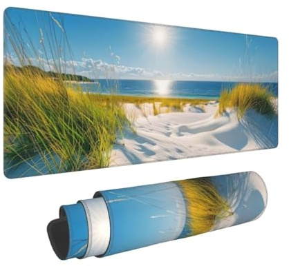 Grand Tapis de Souris de Jeu avec Bords Cousus XXL, 600x400x3mm Tapis de Souris étendu avec Base en Caoutchouc Naturel Antidérapante, Lavable, pour Joueur/Bureau/Maison 60x40x3cm (Vue mer Dunes) E-576