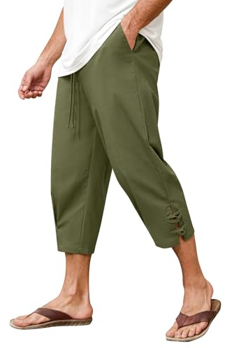 Vijamiy Short 3/4 en Lin pour Homme Pantacourt été Baggy être en Jachère Short de Plage Cordon élastique à la Taille Lin Homme Bermuda avec Poches
