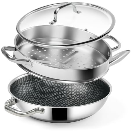 SLOTTET Hybrid 12-Inch Wok with Steamer,Nonstick Stainless Steel Woks & Stir-fry pans with Lid,Stay-Cool Handle,PFOA Free Cookware,Dishwasher and Oven Safe, Works on Induction