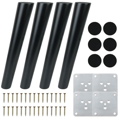 COEWUR 4 Pièces Pieds de Meuble Noir Bois Pieds de Lit 30cm Pieds de Rechange avec Plaque de Montage Vis Patins en Feutre Pieds Conique pour Table Chaise Canapé Armoire Lit Fauteuil Meuble TV