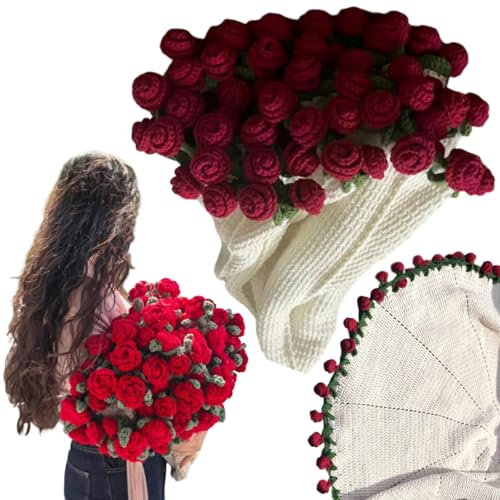 Crochet Flower Rose Bouquet Blanket Handmade – Surprise Bouquet Blanket, Romantic Knitted Rose Floral Bed Throw Blankets, Gift for Mother’s Day Birthday Home Decor (3.6ft Finished-Red)