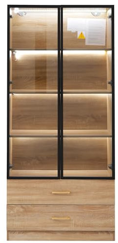Glasvitrine mit LED-Beleuchtung, Vitrine mit 2 Großen Schubladen und 2 Glastüren, Glasvitrine Stehend, Vitrinenschrank für Badezimmer Flur und Wohnzimmer, Braun