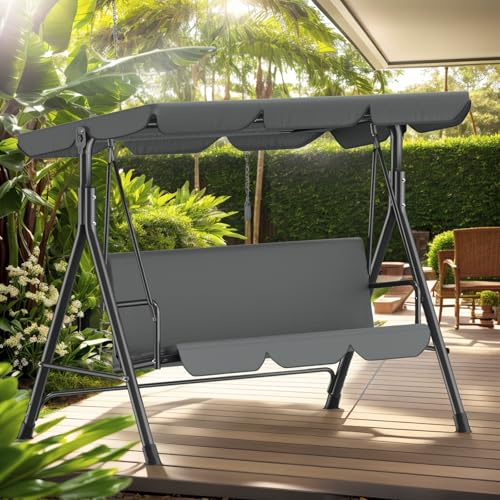 Hollywoodschaukel 3-Sitzer Gartenschaukel mit Verstellbarem Sonnendach, Sitzpolster & Stahlgestell, 175x110x152cm, Schaukelbank für Garten & Terrasse, Bis 200 kg Belastbar, Outdoor Geeignet, Anthrazit