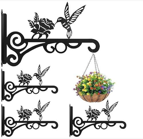 AYESY Supports de Panier à Suspendre pour extérieur, 4 Pcs Noir Support Crochet Plante Suspendues en Fer Forgé Support de Panier Suspendu à Montage Mural Décoration de Panier Suspendu, Motif Colibri