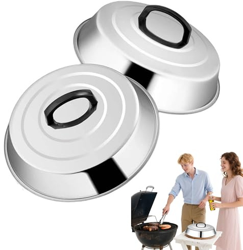 XSQD 2 Stück Edelstahl Käse Schmelzkuppel, Runder Topfdeckel, Lebensmittel Backtafel Abdeckung, mit hitzebeständigem Griff, Metall Cloche, geeignet für Heimküche, Camping im Freien und Grill