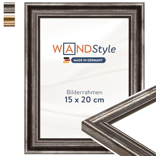 WANDStyle silberner Bilderrahmen 15x20 Holz, Bilderrahmen Silber Vintage | Hochwertiger Holzbilderrahmen Antik, Posterrahmen aufstellbar, Rahmen 20x15 cm, Fotorahmen H400 Made in Germany