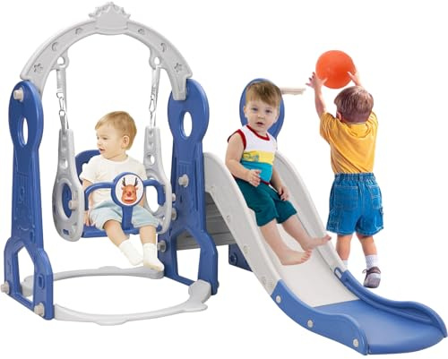 Rutsche Indoor ab 1 2 3 4 5 Jahr, 4-in-1-Kleinkindspielplatz mit Schaukel, Baby Rutsche Kinderzimmer, Gartenrutsche für Kleinkin für drinnen und draußen, Jungen und Mädchen (Ballon+Blau)
