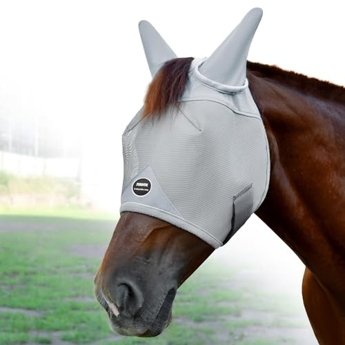 Fornyk Horse Fly Mask, Adjustable Fly Masks for Horses with Ears, Breathable and 70% UV Protection, Comfort Mesh Without Nose Cover, Horses Accessories (Grey, Blue, Large)