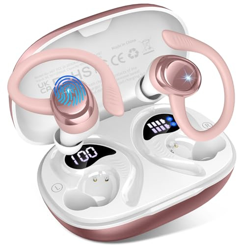 Cuffie Bluetooth Sport, Auricolari Bluetooth 5.4 HiFi Stereo, 50 Ore Cuffie Wireless con ENC Mic, Cancellazione Rumore Cuffie Senza Fili, IP7 Impermeabili,USB-C,Cuffiette per Correre Running, Oro Rosa