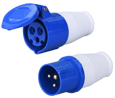 2pcs 16A 240V Site Trailing Plug & Socket, 16A 3 Pin PCE Blue Hook Up, Cara-van Hook Up Socket and P-lug Set, Weather Proof Industrial Sockets for Construction Sites, Industrial 16 A P-lugs & Sockets