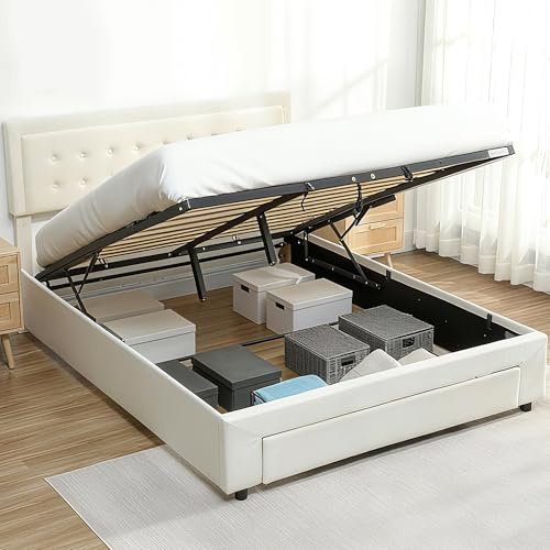 HOMCOM Upholstered Ottoman Bed with Storage Drawer and Adjustable Headboard, 5ft King Size Bed Frame with Gas Lift End Opening, Wooden Slats, No Mattress, Cream White